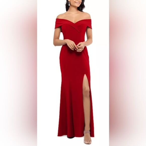 XSCAPE Petite Off-The-Shoulder Gown NWT size 12P Red - Picture 1 of 4